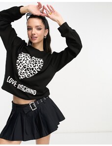 Love Moschino - Felpa nera con logo e cuore leopardato-Black