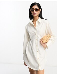 ASOS DESIGN - Vestito camicia corto multitasche color crema con vita regolabile e bottoni in corno-Bianco