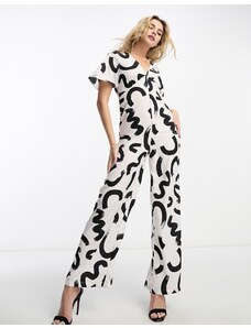 Vero Moda - Tuta jumpsuit a fondo ampio bianca e nera con stampa astratta-Multicolore