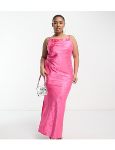 In The Style Plus - Vestito lungo in raso jacquard rosa con scollo ad anello e spacco sulla coscia