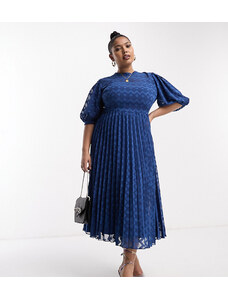 ASOS Curve ASOS DESIGN Curve - Vestito midi accollato a pieghe con maniche a sbuffo in plumetis a spina di pesce blu navy