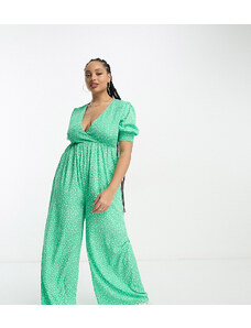 Wednesday's Girl Curve - Tuta jumpsuit comoda con bustino arricciato verde a pois