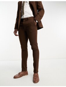 ASOS DESIGN - Pantaloni da abito skinny in misto lana marrone a spina di pesce-Brown