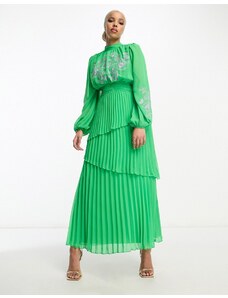 ASOS DESIGN - Vestito lungo accollato a balze e a pieghe verde con ricami a contrasto
