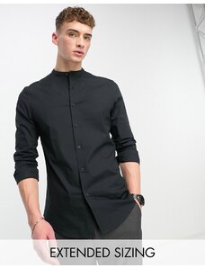 ASOS DESIGN - Camicia slim facile da stirare in popeline nera con collo serafino-Black