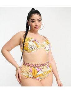 River Island Plus - Slip bikini a vita alta con stampa arancione tropicale