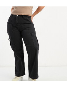 Don't Think Twice DTT Plus - Elle - Jeans cargo a vita alta con fondo ampio nero slavato-Black