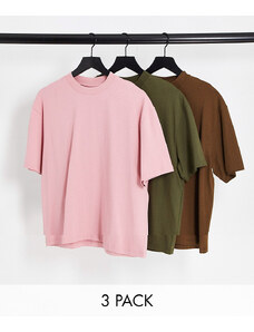 Topman - Confezione da 3 t-shirt oversize marrone, kaki acceso e rosa-Multicolore