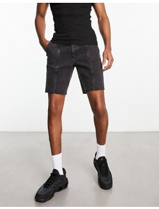 ASOS DESIGN - Pantaloncini di jeans rigidi classici taglio regular nero slavato con cuciture a vista-Black