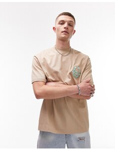 Topman - T-shirt oversize color pietra con stampa "Lucky" con ferro di cavallo sul davanti e sul retro-Neutro