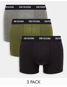 Only & Sons - Confezione da 3 boxer aderenti multicolore con fascia in vita nera-Verde