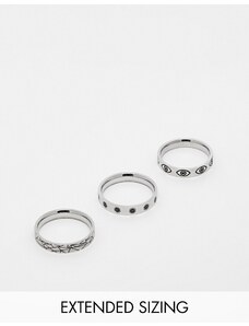 ASOS DESIGN - Confezione da 3 anelli a fascia in acciaio inossidabile resistente all'acqua argentati con occhio e solo incisi-Argento