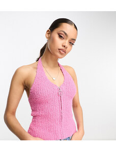 ASOS Petite ASOS DESIGN Petite - Top allacciato al collo in maglia rosa con filato testurizzato e zip