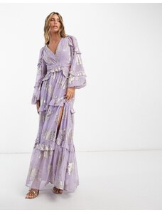 ASOS DESIGN - Vestito lungo con pinces, scollo profondo, cut-out e volant lilla metallizzato a fiori jacquard-Multicolore