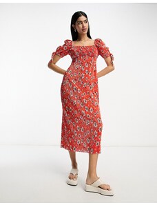 ASOS DESIGN - Vestito midi plissé con scollo squadrato e maniche a sbuffo rosso a fiori