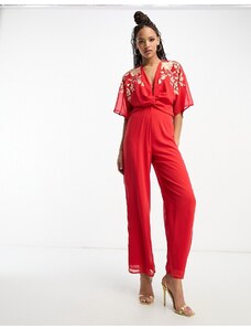 Hope & Ivy - Tuta jumpsuit stile kimono rossa con ricamo sul davanti-Rosso
