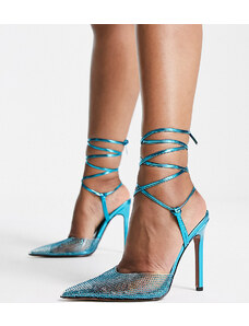 ASOS DESIGN Wide Fit - Prize - Scarpe blu con decorazioni e tacco alto allacciate sulla gamba