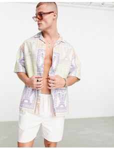 ASOS DESIGN - Camicia oversize squadrata in lino con stampa stile cartolina e rever-Multicolore