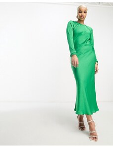 ASOS DESIGN - Vestito lungo asimmetrico in raso verde acceso con bottoni