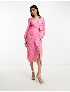 In The Style - Vestito camicia midi avvolgente rosa con stampa e laccetti laterali-Multicolore
