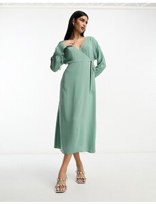 ASOS DESIGN - Vestito midi avvolgente verde salvia con dettaglio polsini