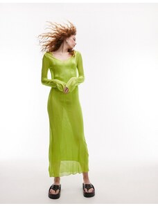 Topshop - Vestito a maniche lunghe color lime in maglia trasparente-Verde