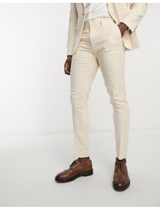 ASOS DESIGN Wedding - Pantaloni da abito skinny in misto lino color cammello a quadretti-Neutro