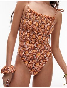 Topshop - Costume da bagno arricciato marrone a fiorellini con spalline allacciate ed elastico per capelli abbinato-Multicolore