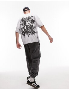 Topman - T-shirt super oversize grigia con stampa sul davanti e sul retro di statua e fiori-Grigio