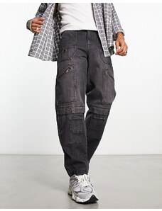 ASOS DESIGN - Jeans larghi multitasche con zip nero slavato-Black