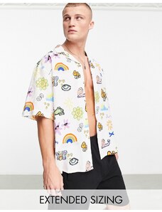 ASOS DESIGN - Camicia squadrata oversize con rever in misto lino con stampa fantasia-Multicolore