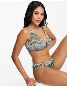 ASOS DESIGN Coppe Grandi - Crop top bikini con anello sul davanti e stampa glitterata a zig-zag-Multicolore