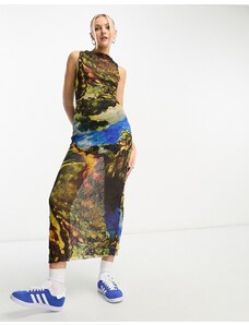 COLLUSION - Vestito lungo a rete in tessuto stropicciato multicolore con stampa