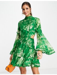 ASOS DESIGN - Vestito corto accollato con bordi smerlati e cut-out in vita verde a fiori