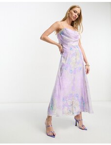 ASOS DESIGN - Vestito midi con corsetto e scollo ad anello morbido lilla a fiori-Multicolore