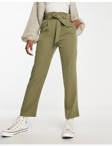 New Look - Pantaloni dritti a vita alta e annodati kaki-Verde