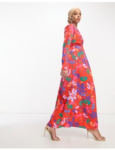 ASOS DESIGN - Vestito lungo con dettaglio a pieghe in vita rosso con stampa astratta-Multicolore