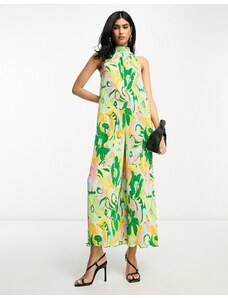 ASOS DESIGN - Tuta jumpsuit accollata verde a fiori rétro plissé-Multicolore
