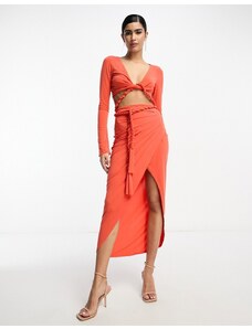 ASOS DESIGN - Vestito midi in due pezzi a maniche lunghe color corallo bruciato con dettagli a corda-Arancione