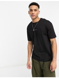 Selected Homme - T-shirt oversize in misto cotone nero con logo-Black