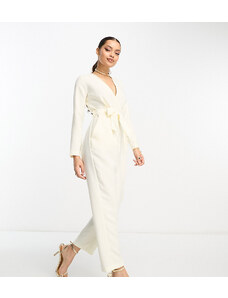 Closet London Petite - Tuta jumpsuit stile kimono allacciata in vita color crema-Bianco