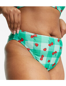 Brave Soul Plus - Slip bikini a vita alta verde chiaro a quadri con stampa di ciliegie