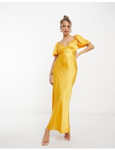 ASOS DESIGN - Vestito modello milkmaid in raso color oro con finiture in pizzo, gonna al polpaccio e fascette sul retro