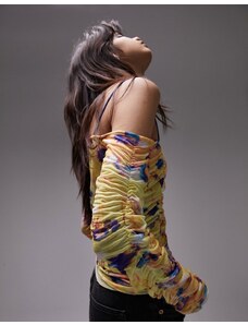 Topshop - Top a maniche lunghe con scollo alla Bardot in rete con stampa multicolore