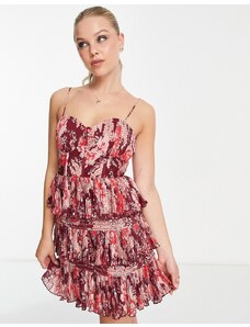 ASOS DESIGN - Vestito corto a corsetto con volant e dettaglio in paillettes rosso con stampa a fiori