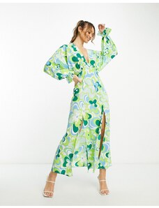 ASOS DESIGN - Vestito lungo verde a fiori rétro con scollo profondo e maniche ad ali di pipistrello-Multicolore