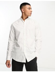 Selected Homme - Camicia a righe bianco sporco con collo serafino