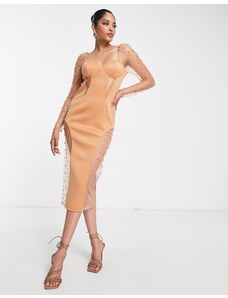 ASOS DESIGN - Vestito midi longuette con inserti in rete glitterata con perle color cammello-Marrone