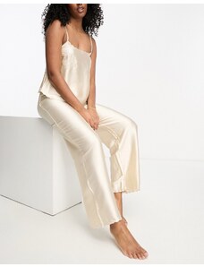 ASOS DESIGN - Pigiama premium color crema con canottiera e pantaloni in raso con ricami-Bianco