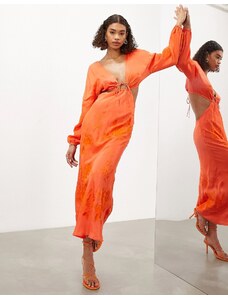 ASOS Edition - Vestito midi a maniche lunghe arancione acceso con ricamo a fiori tono su tono